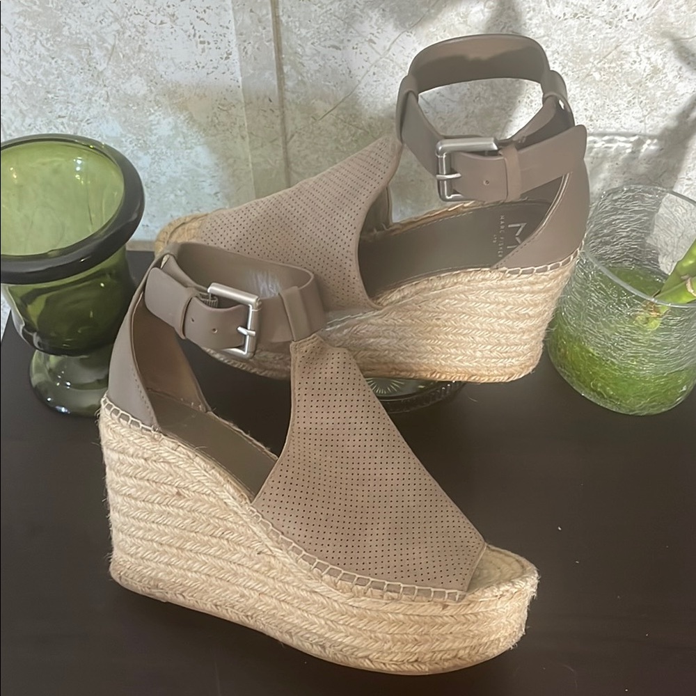 Marc Fisher Tan Espadrille Wedge Sandals with Ankle Strap